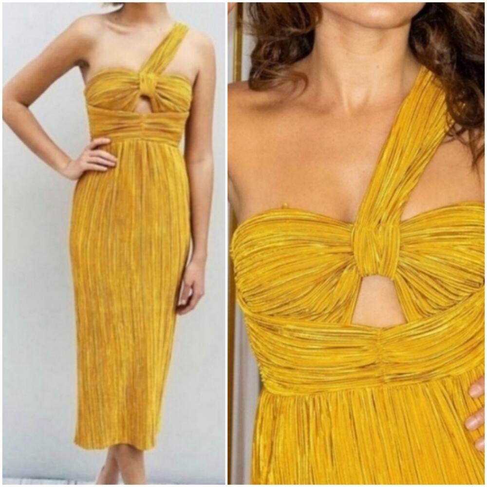 Alice McCall Dress Power‎ Lady Pleated One Shoulder Midi in Sunset Yellow Size 4 - Picture 2 of 14